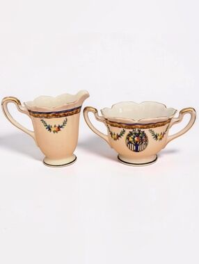 Noritake Porcelain Floral & Fruit - Sugar Bowl Creamer Pair 1920's